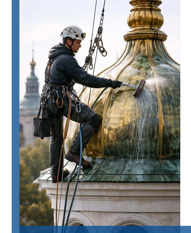 Профессиональная мойка куполов и шпилей высотными альпинистами в Сатке