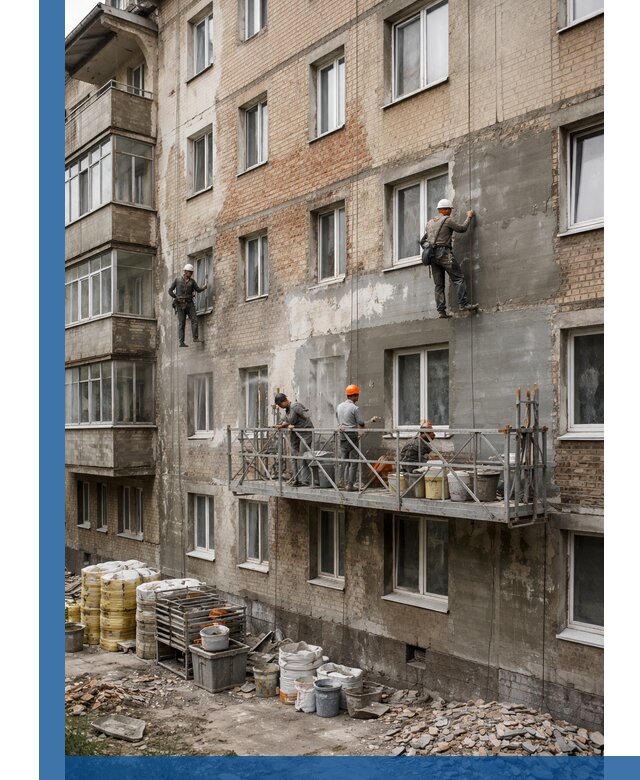 Капитальный ремонт фасада в Сатке с восстановлением и гидроизоляцией