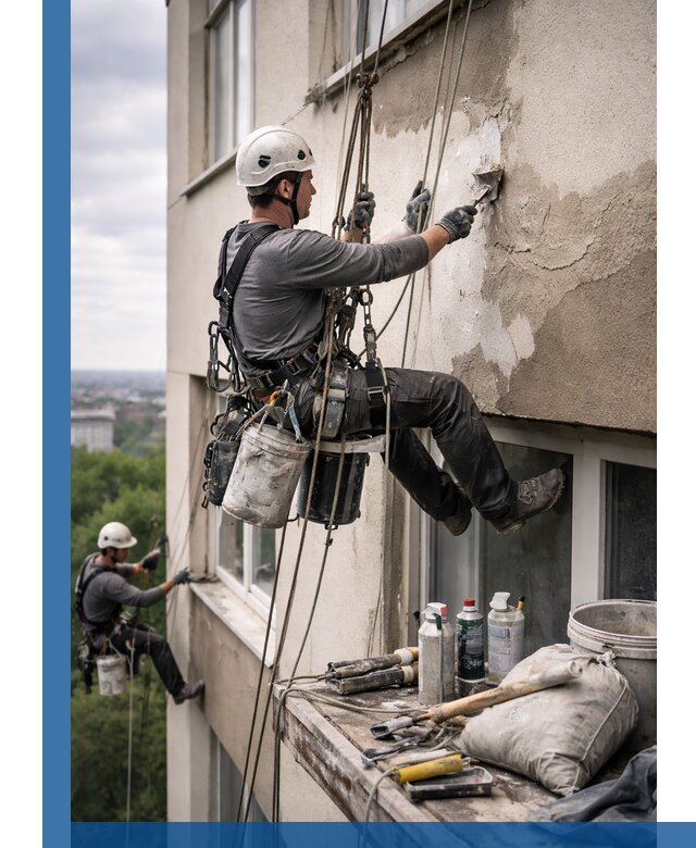 Косметический ремонт фасада зданий в Сатке промышленными альпинистами