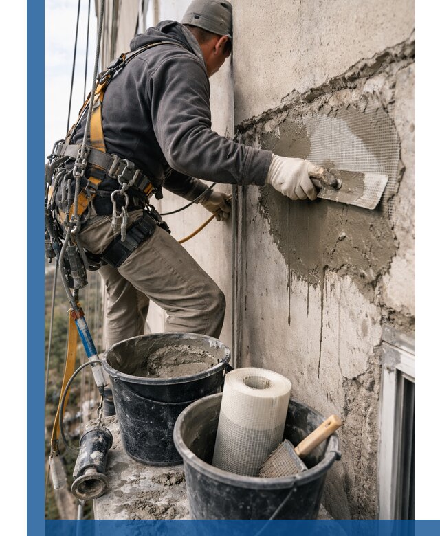 Ремонт бетонных элементов фасада промышленными альпинистами в Сатке