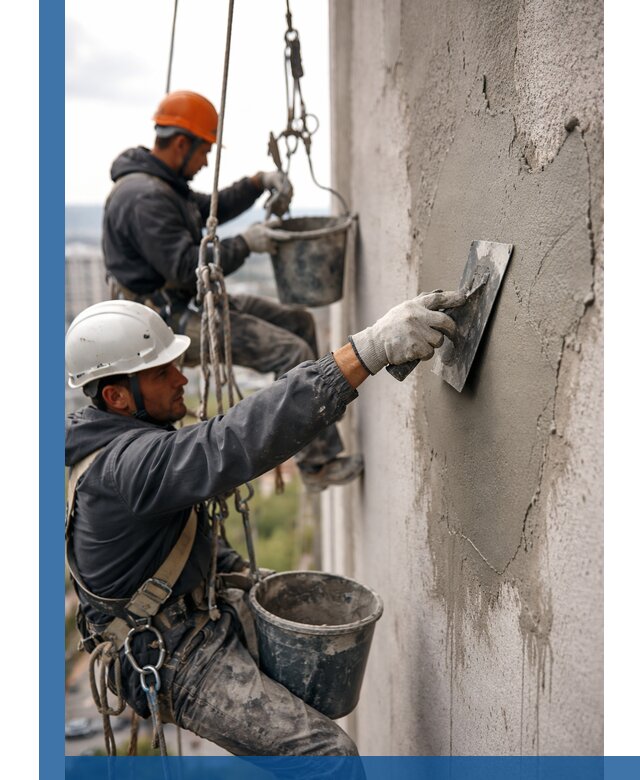 Штукатурка фасада на высоте в Сатке профессиональные работы