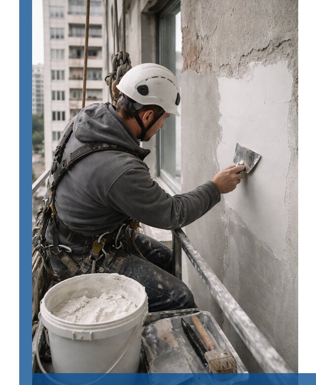 Шпаклевка фасадов на высоте с промальпинистами в Сатке