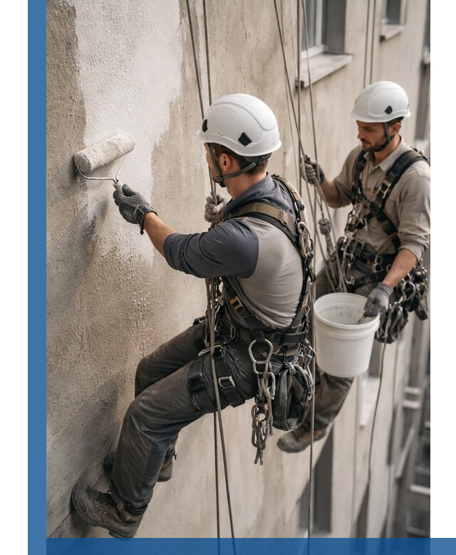 Грунтовка фасада на высоте в Сатке промышленными альпинистами