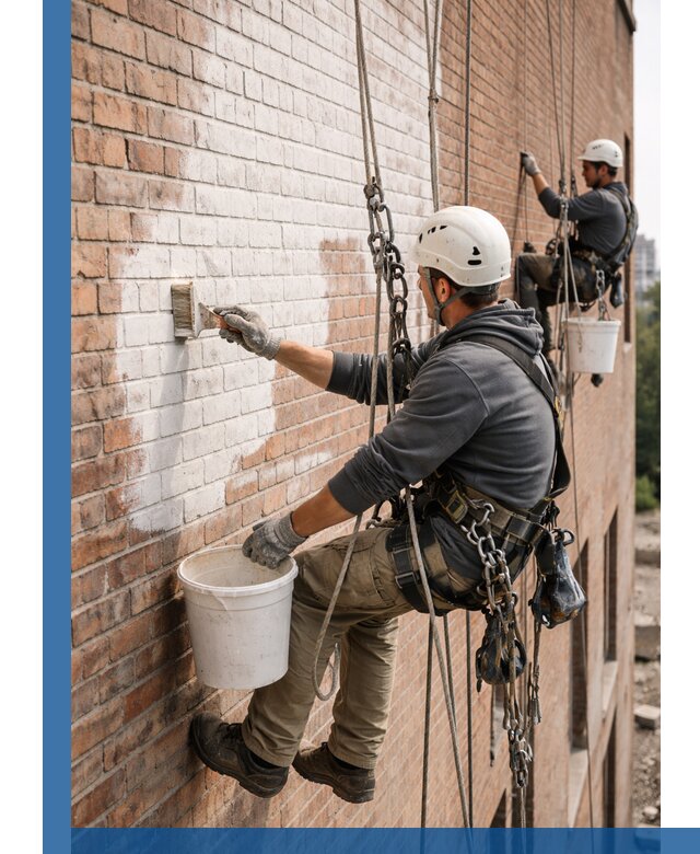 Покраска кирпичного фасада с доступным альпинистским сервисом в Сатке