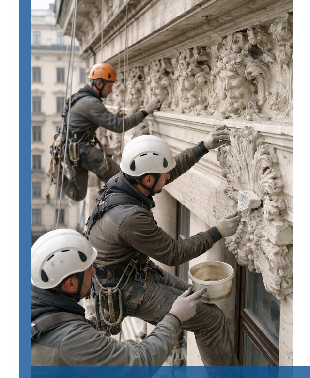 Реставрация фасадной лепнины с высотными работами в Сатке