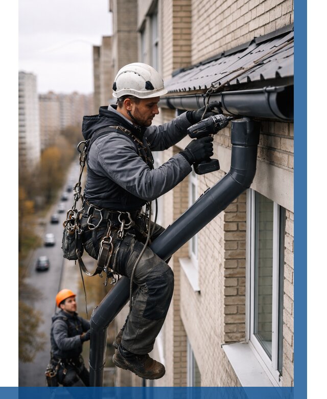 Монтаж водосточной системы на здании в Сатке от 5172 р. | ВЫСОТНИК-Стк