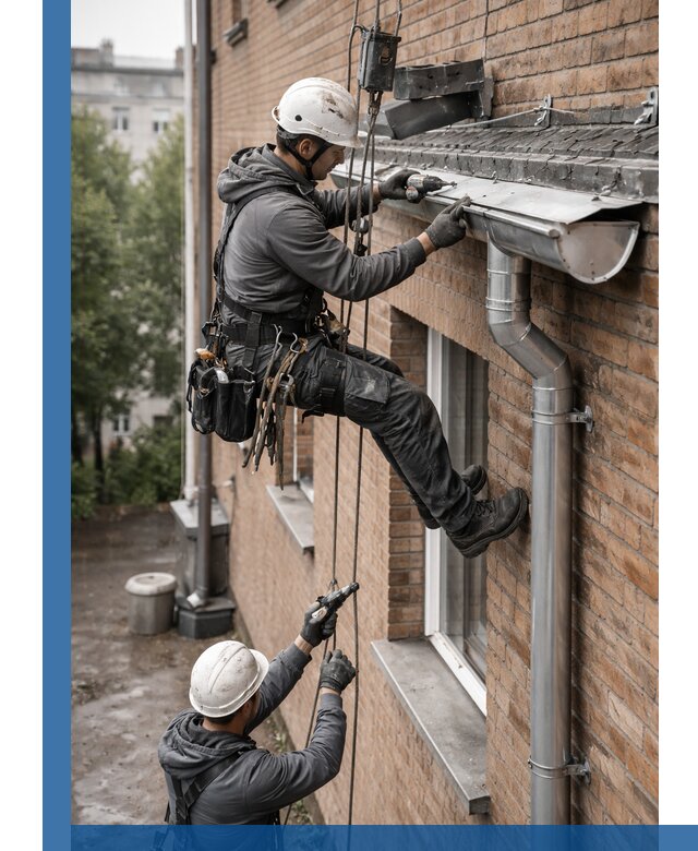 Монтаж водосточной системы на здании в Сатке под ключ