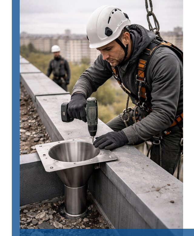 Монтаж водосточных воронок в Сатке для промышленных зданий