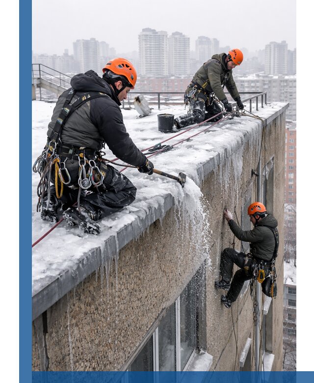 Удаление наледи с кровли в Сатке промышленными альпинистами