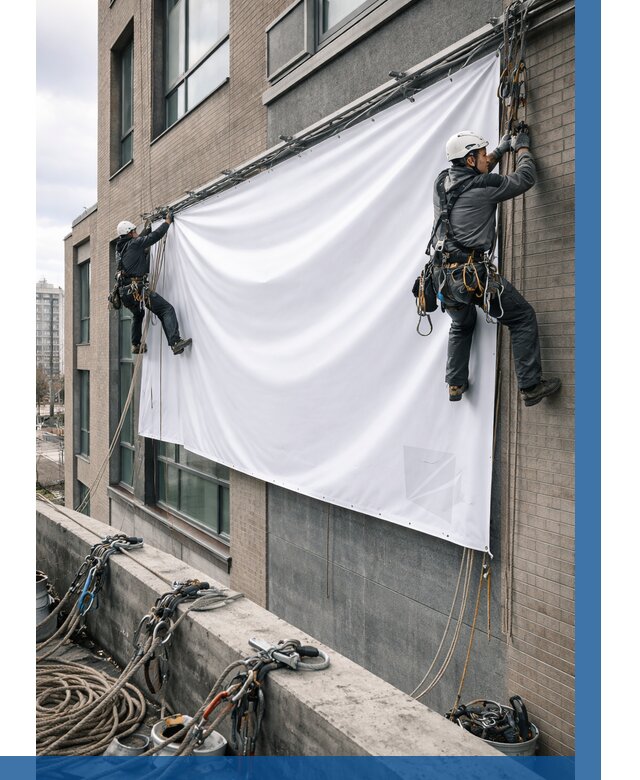 Монтаж баннеров на фасаде в Сатке от 672 р. заказать ВЫСОТНИК-Стк