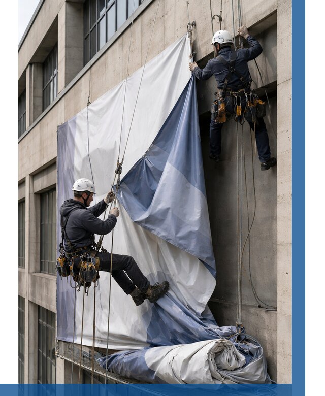 Демонтаж баннеров с фасада в Сатке от 4655 р. | ВЫСОТНИК-Стк