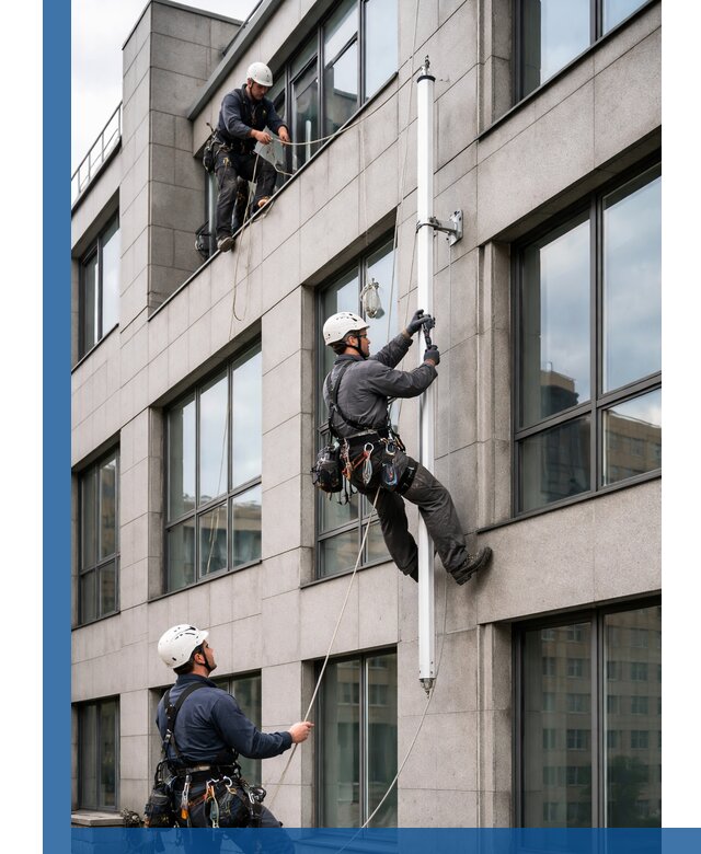 Монтаж флагштока на фасаде здания с креплением и герметикой в Сатке