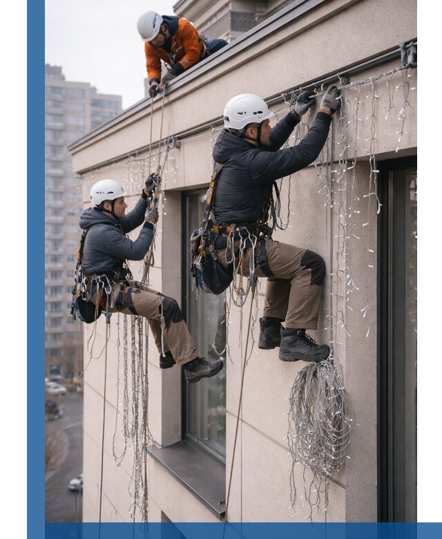 Монтаж праздничных гирлянд на фасаде в Сатке для зданий