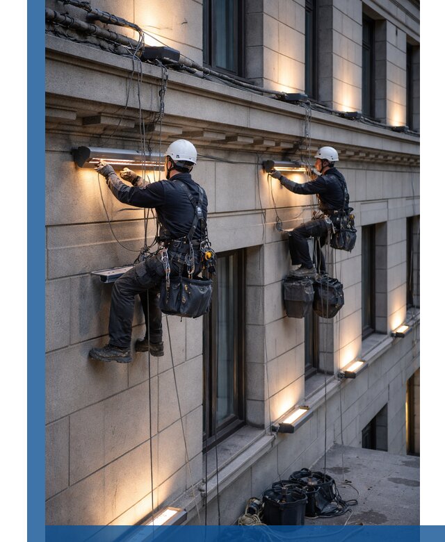 Монтаж архитектурной подсветки фасадов зданий в Сатке