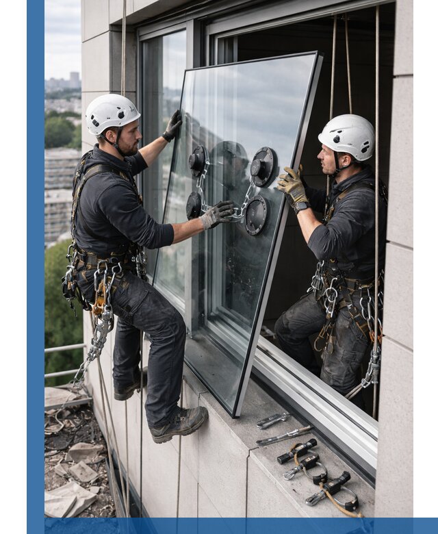 Замена стеклопакетов на высоте с промышленными альпинистами в Сатке