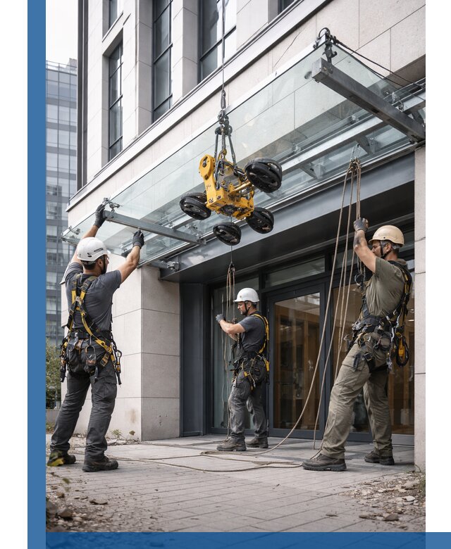 Монтаж стеклянных козырьков под ключ в Сатке для зданий