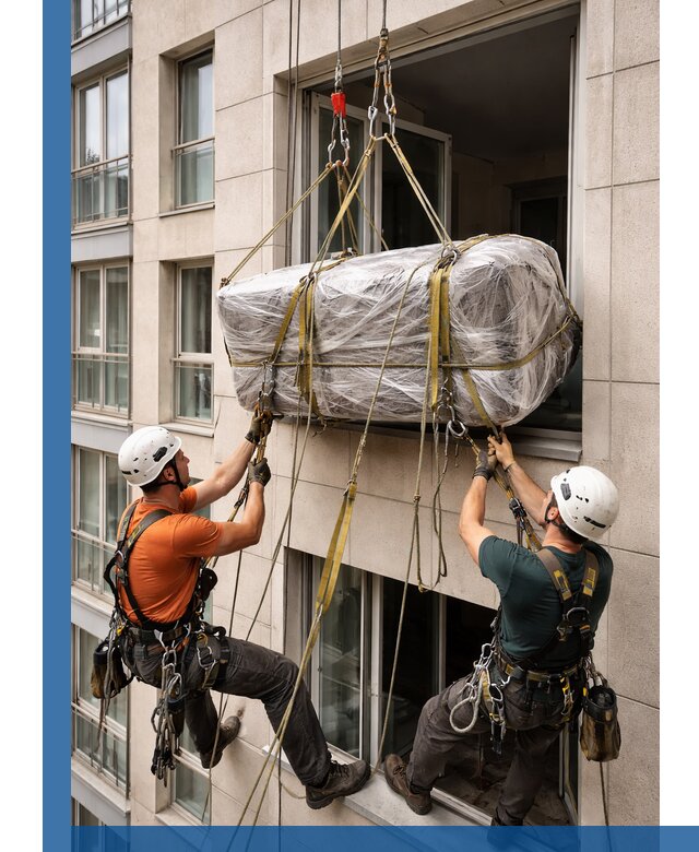 Подъем грузов через окно в Сатке промышленными альпинистами