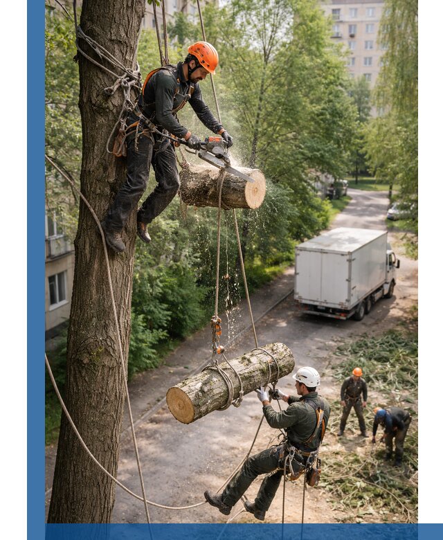 Спил деревьев альпинистами в Сатке, безопасно и без повреждений