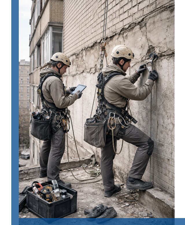 Обследование фасада промышленными альпинистами в Сатке