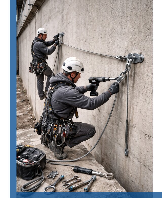 Монтаж анкерных линий высотной безопасности в Сатке